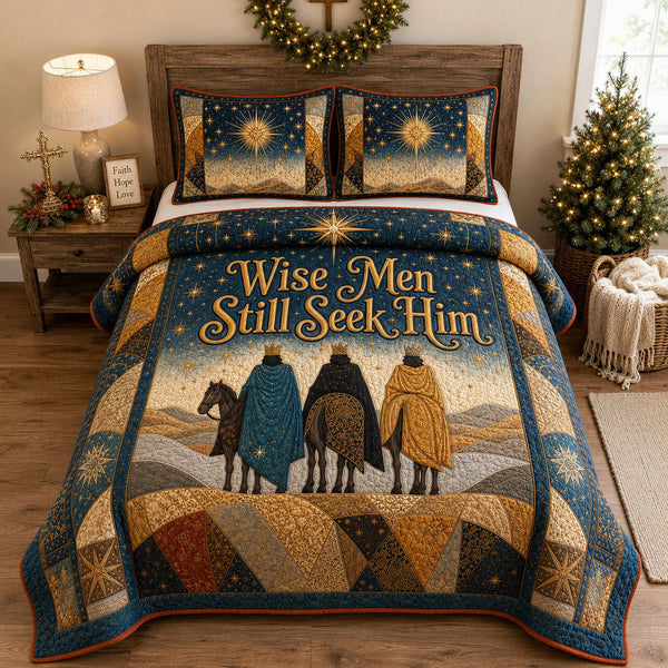 Wise Men Still Seek Him quilted bedding set, quilt and two pillow shams on a made bed