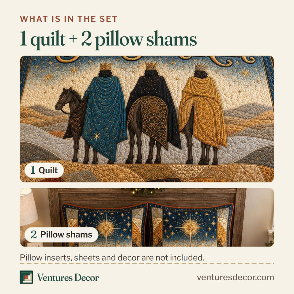 What is in the set: one quilt and two pillow shams, shown in the Wise Men Still Seek Him design