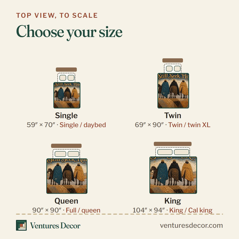 Size guide for the Wise Men Still Seek Him quilt, top view to scale: Single 59 x 70 in, Twin 69 x 90 in, Queen 90 x 90 in, King 104 x 94 in