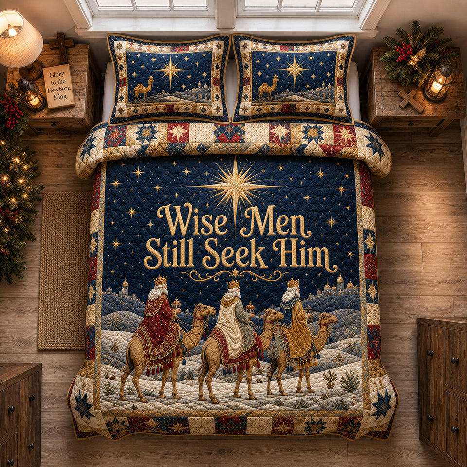 Wise Men Under The Holy Star quilted bedding set, quilt and two pillow shams on a made bed
