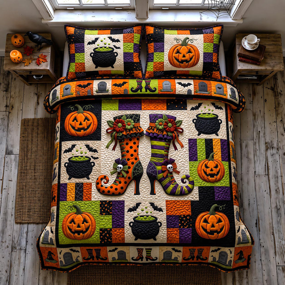 Witch Boots Cauldron Patch quilted bedding set, quilt and two pillow shams on a made bed