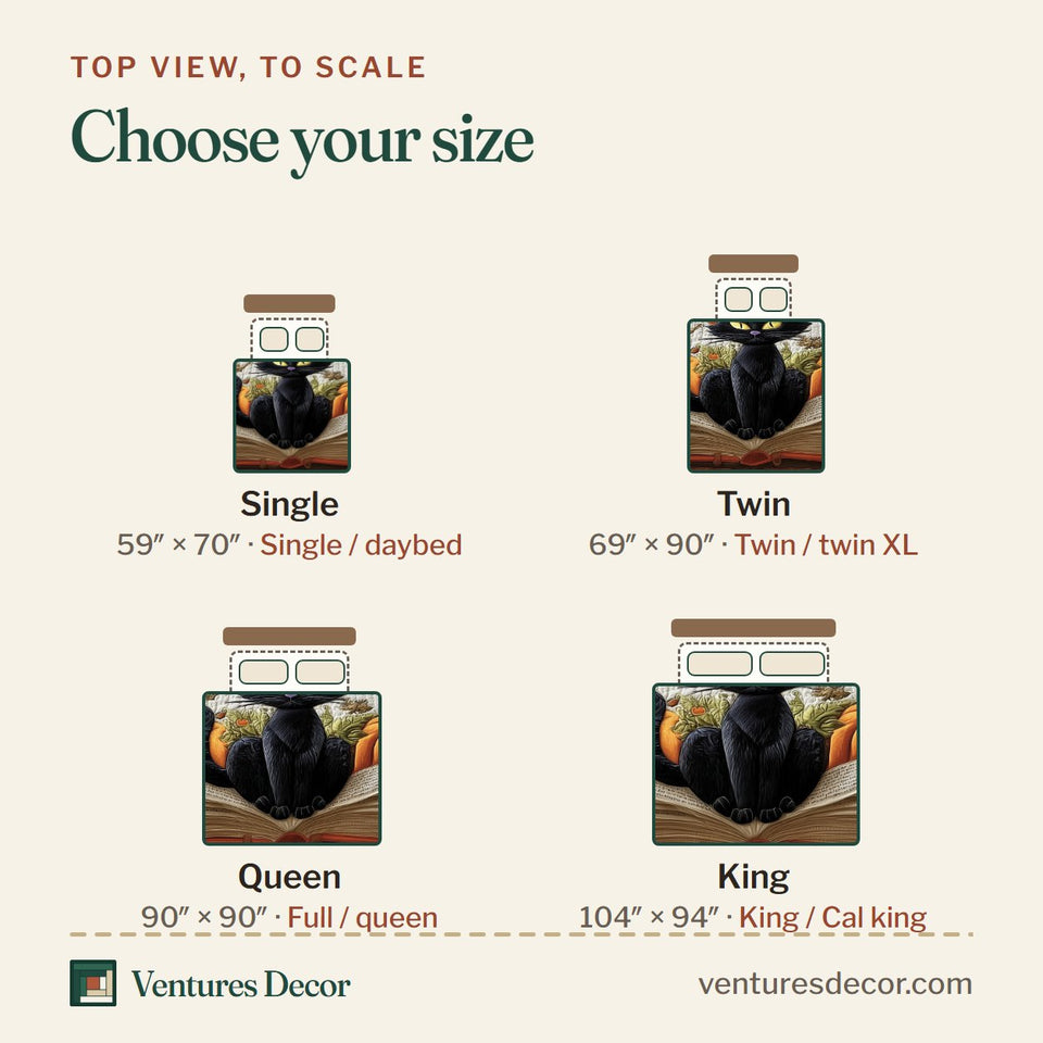 Size guide for the Witch Cat Spellbook quilt, top view to scale: Single 59 x 70 in, Twin 69 x 90 in, Queen 90 x 90 in, King 104 x 94 in