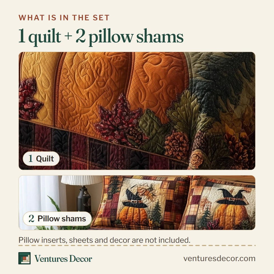 What is in the set: one quilt and two pillow shams, shown in the Witch Hat Harvest Plaid design
