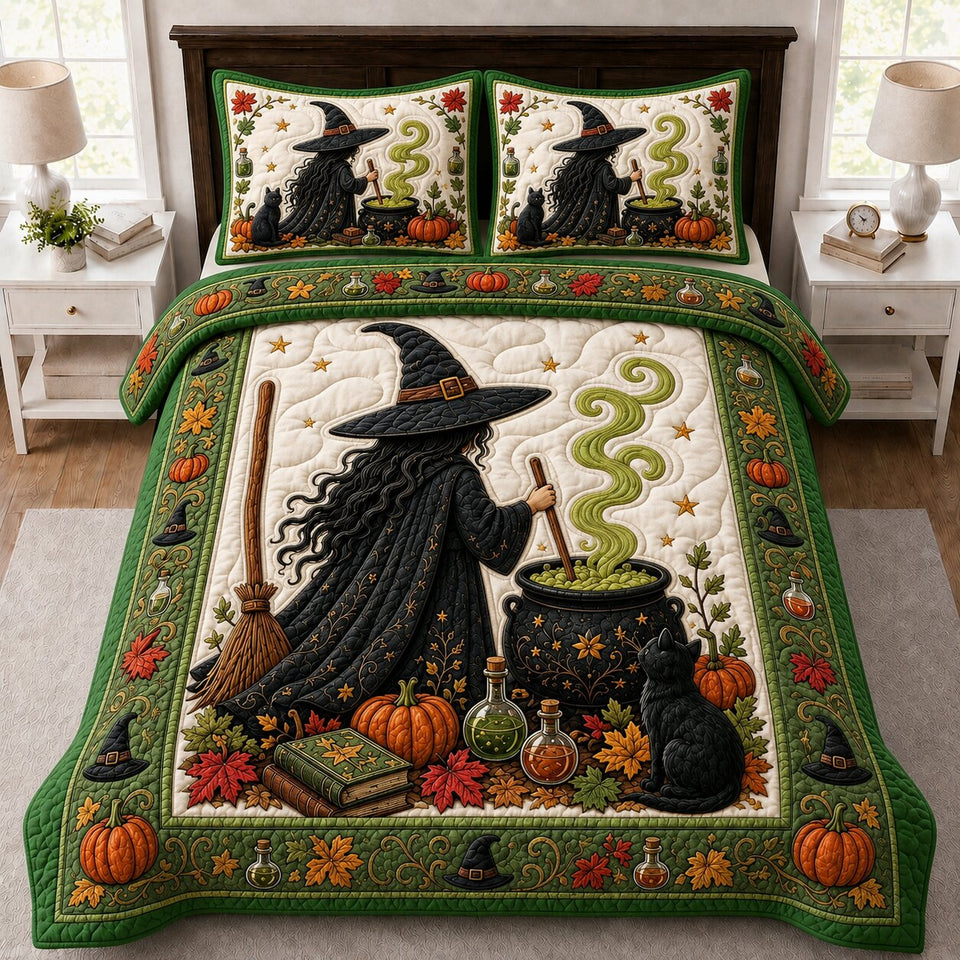 Witch Whispers quilted bedding set, quilt and two pillow shams on a made bed