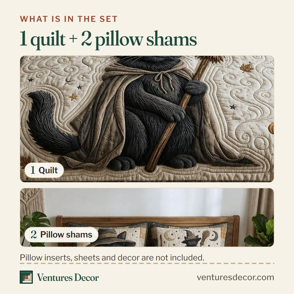 What is in the set: one quilt and two pillow shams, shown in the Witchy Black Cat design