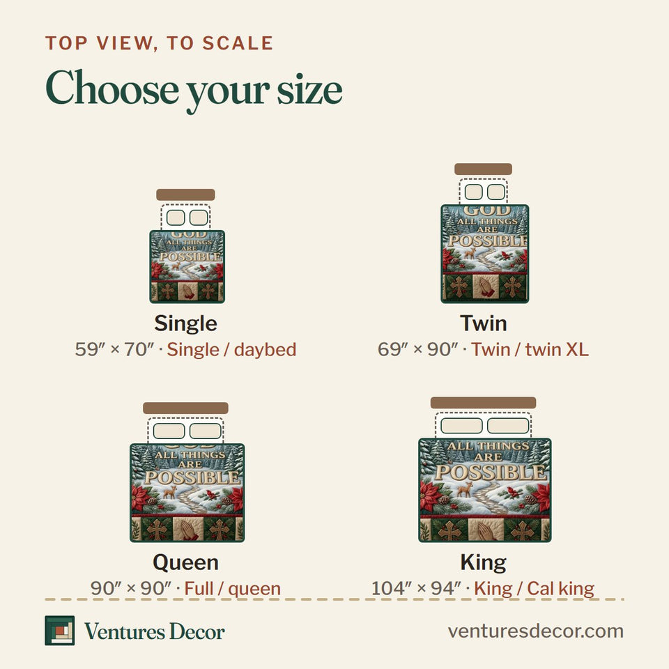 Size guide for the With God All Things Winter Tartan quilt, top view to scale: Single 59 x 70 in, Twin 69 x 90 in, Queen 90 x 90 in, King 104 x 94 in