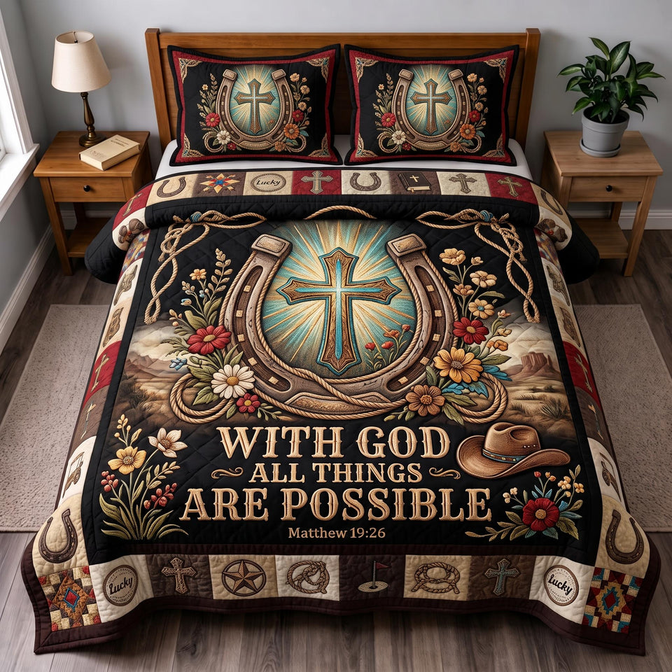 With God Horseshoe Glow quilted bedding set, quilt and two pillow shams on a made bed