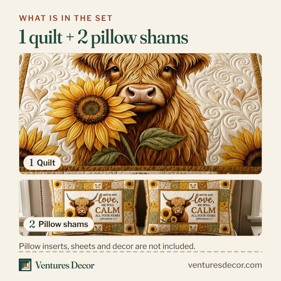 What is in the set: one quilt and two pillow shams, shown in the With His Love design