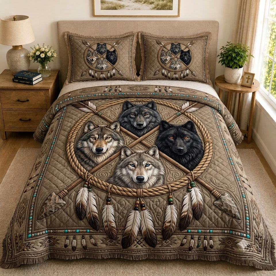 Wolf Circle quilted bedding set, quilt and two pillow shams on a made bed