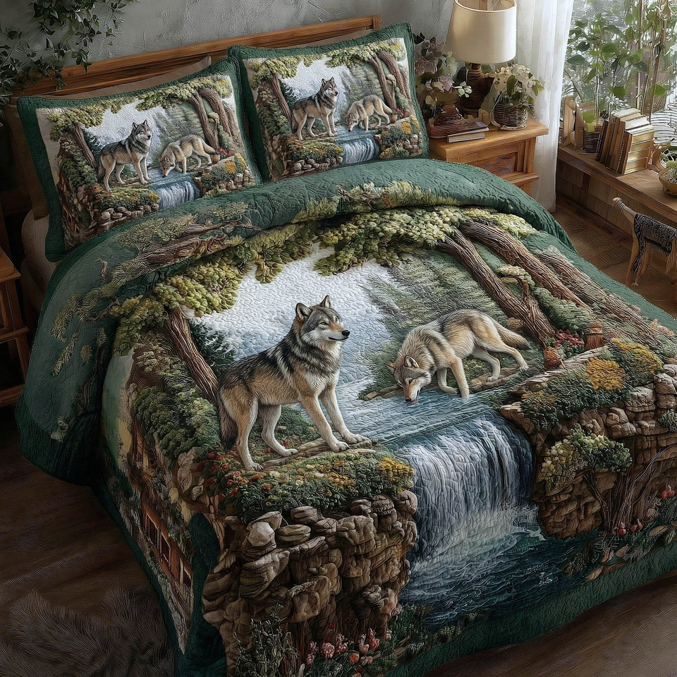 Wolf Couple quilted bedding set, quilt and two pillow shams on a made bed