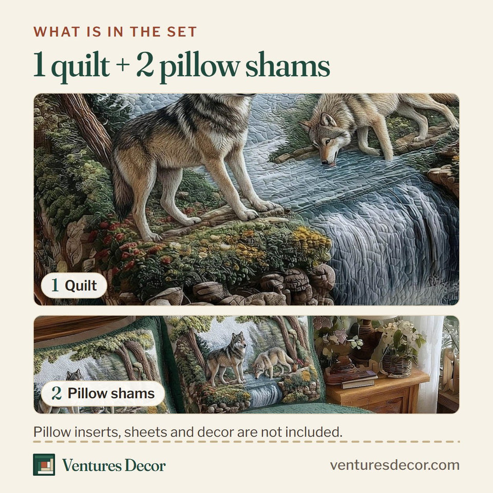 What is in the set: one quilt and two pillow shams, shown in the Wolf Couple design