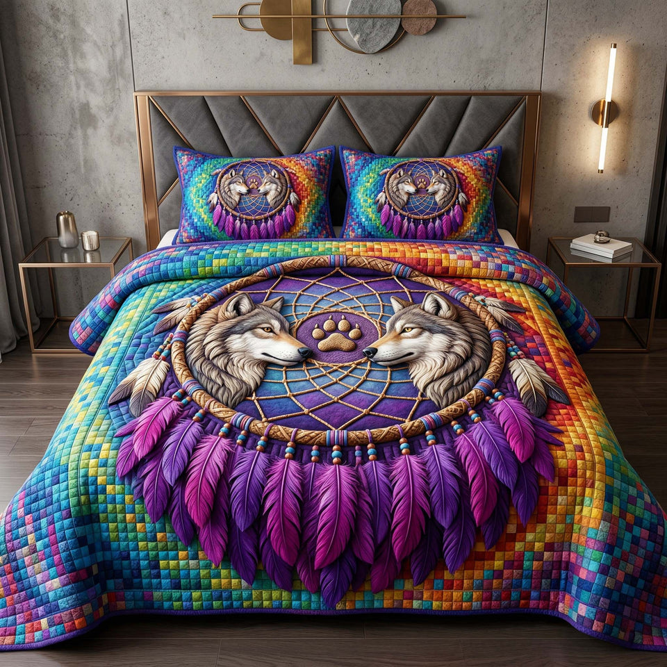 Wolf Dreamcatcher Purple Feathers quilted bedding set, quilt and two pillow shams on a made bed