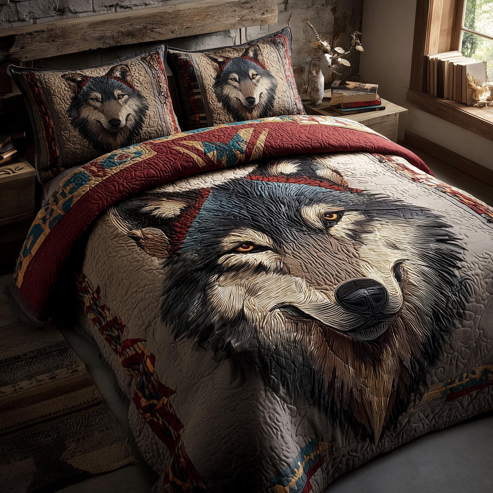 Wolf Face Beneath The Red Band quilted bedding set, quilt and two pillow shams on a made bed