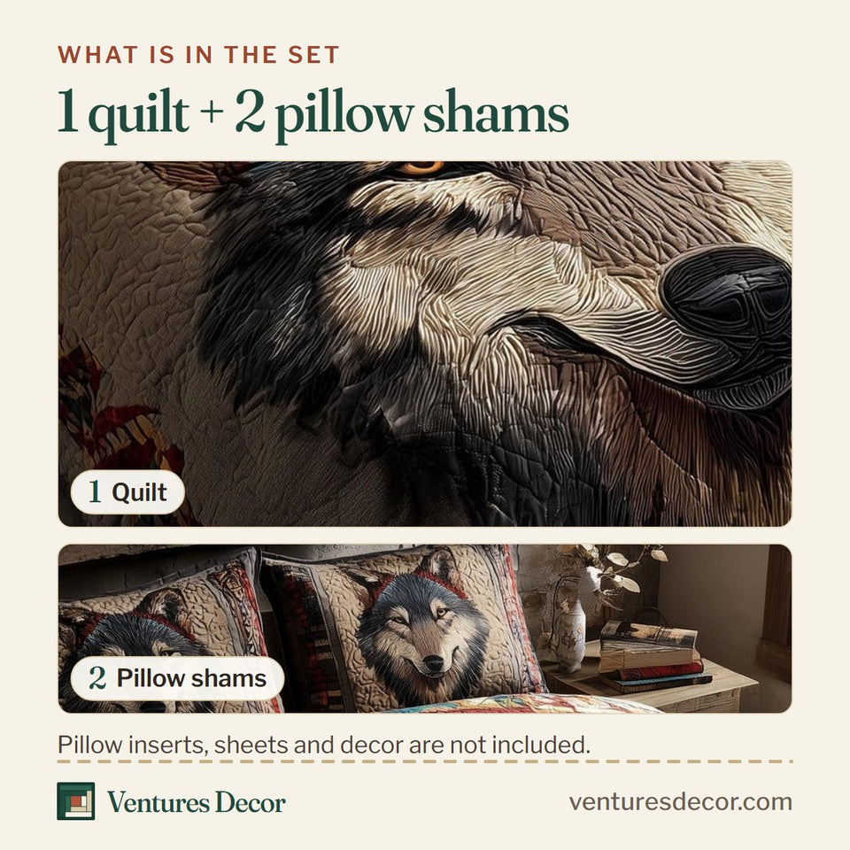 What is in the set: one quilt and two pillow shams, shown in the Wolf Face Beneath The Red Band design