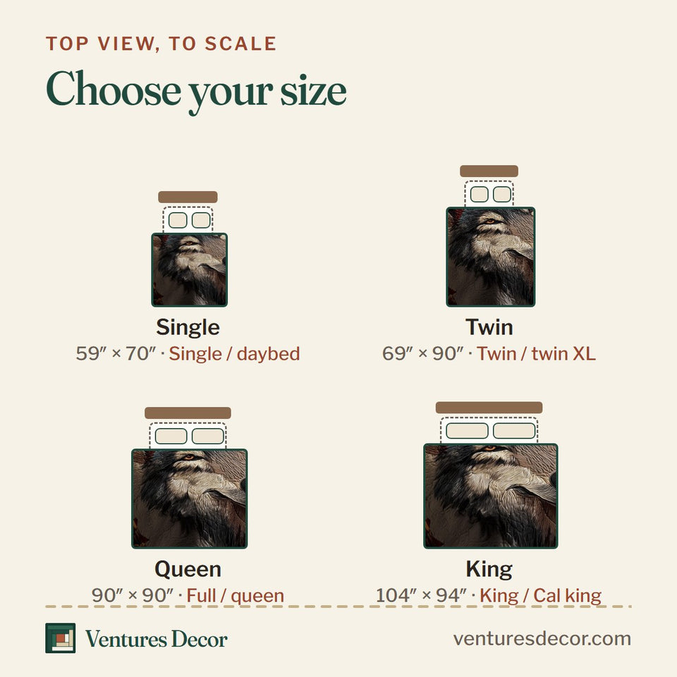 Size guide for the Wolf Face Beneath The Red Band quilt, top view to scale: Single 59 x 70 in, Twin 69 x 90 in, Queen 90 x 90 in, King 104 x 94 in