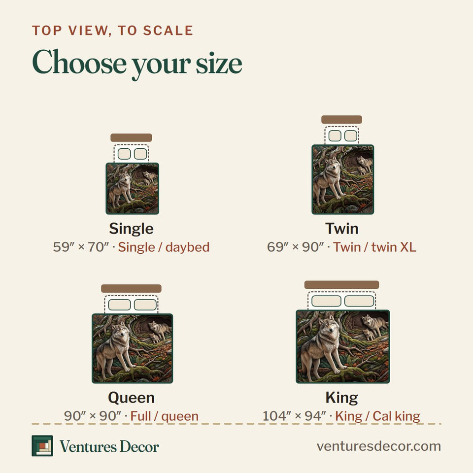Size guide for the Wolf Forest quilt, top view to scale: Single 59 x 70 in, Twin 69 x 90 in, Queen 90 x 90 in, King 104 x 94 in