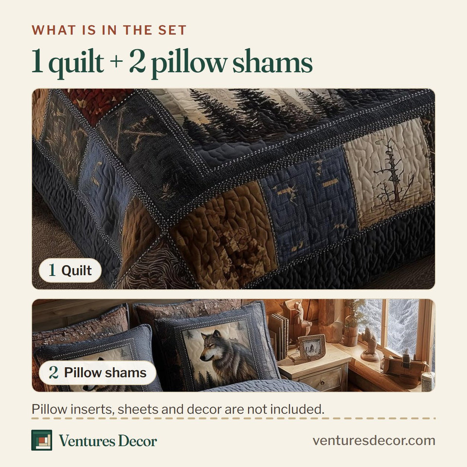 What is in the set: one quilt and two pillow shams, shown in the Wolf Head Close Up In Patchwork design