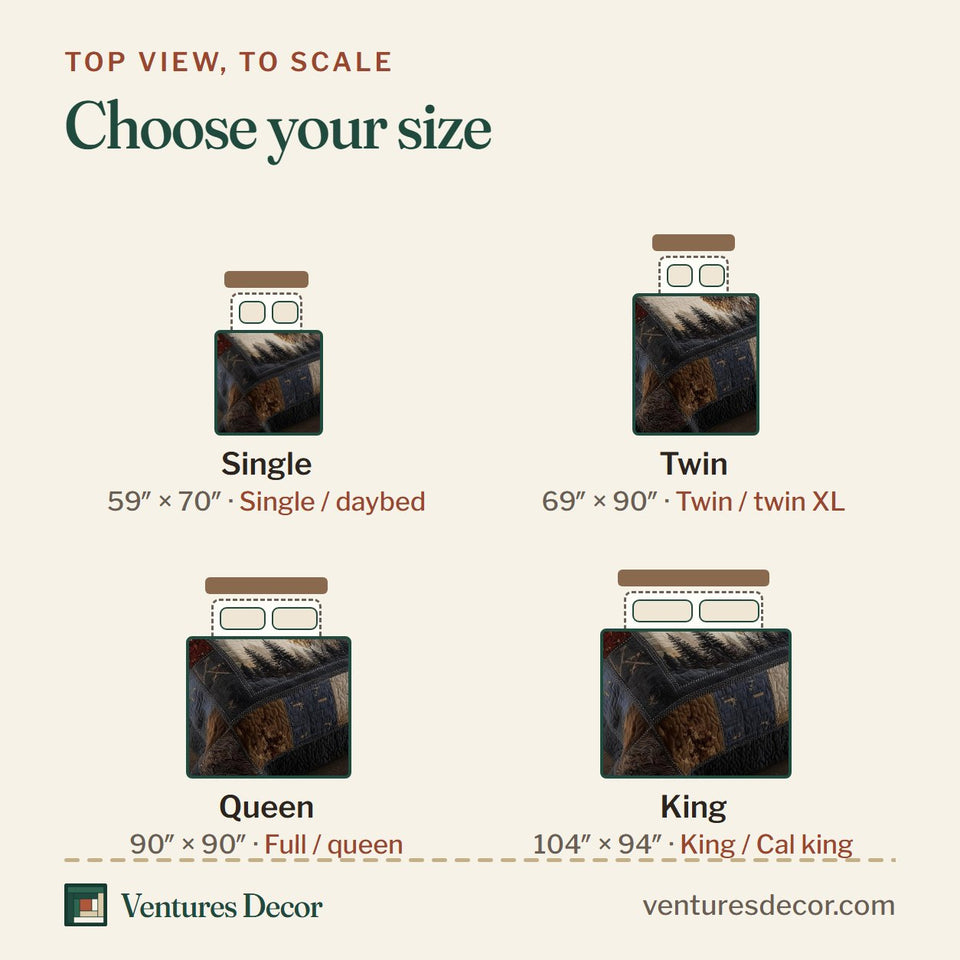 Size guide for the Wolf Head Close Up In Patchwork quilt, top view to scale: Single 59 x 70 in, Twin 69 x 90 in, Queen 90 x 90 in, King 104 x 94 in