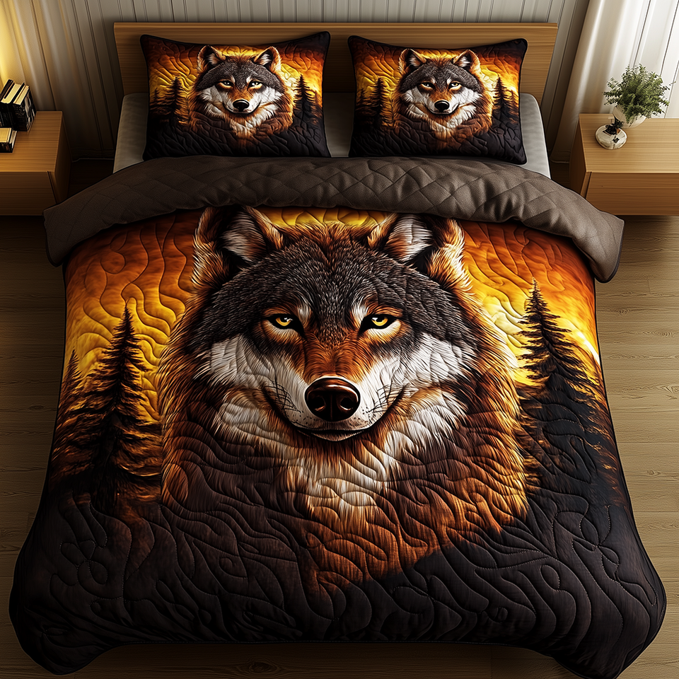 Wolf of the Night Fiery Amber Forest quilted bedding set, quilt and two pillow shams on a made bed