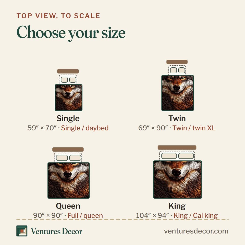 Size guide for the Wolf of the Night Fiery Amber Forest quilt, top view to scale: Single 59 x 70 in, Twin 69 x 90 in, Queen 90 x 90 in, King 104 x 94 in
