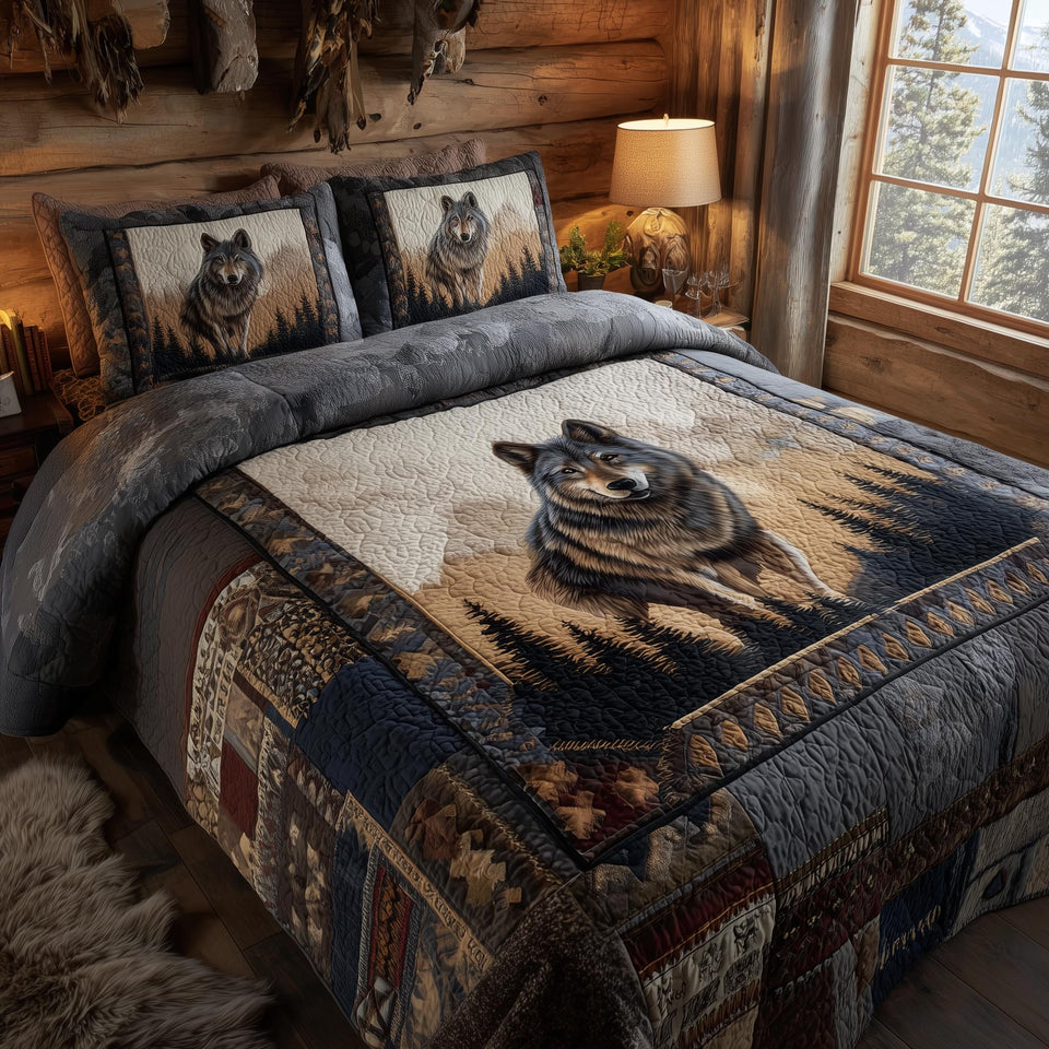 Wolf Seated On The Tan Panel quilted bedding set, quilt and two pillow shams on a made bed