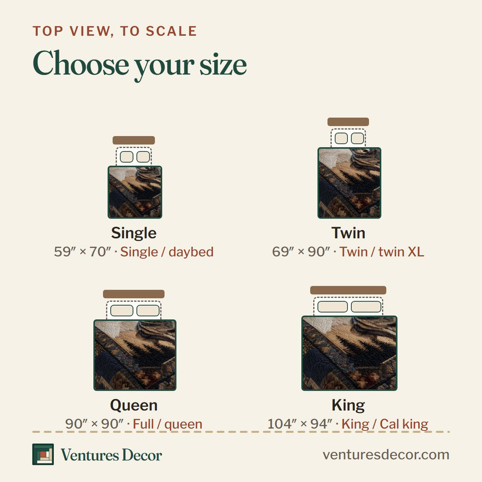 Size guide for the Wolf Seated On The Tan Panel quilt, top view to scale: Single 59 x 70 in, Twin 69 x 90 in, Queen 90 x 90 in, King 104 x 94 in