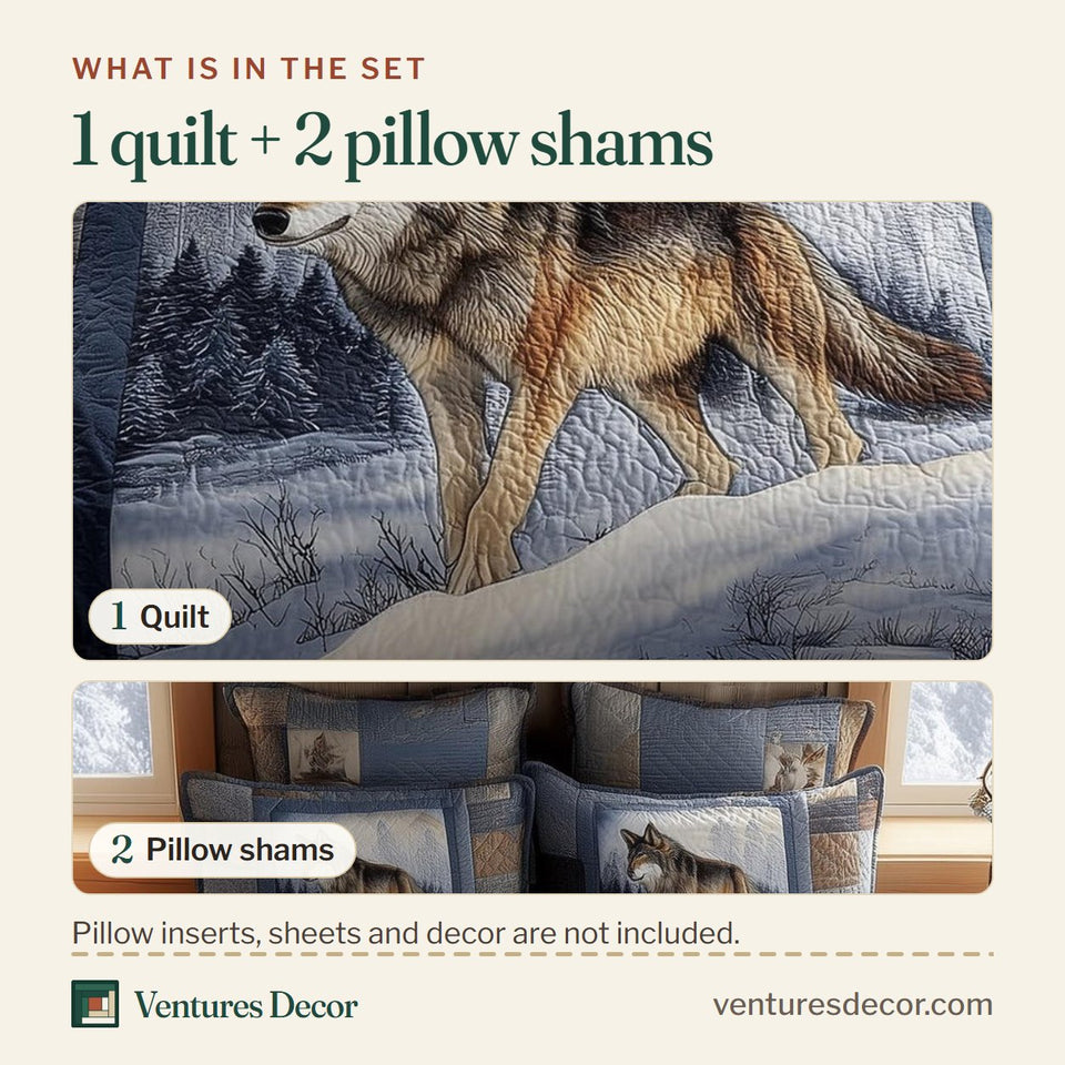 What is in the set: one quilt and two pillow shams, shown in the Wolf Walking The Snowy Ridge design