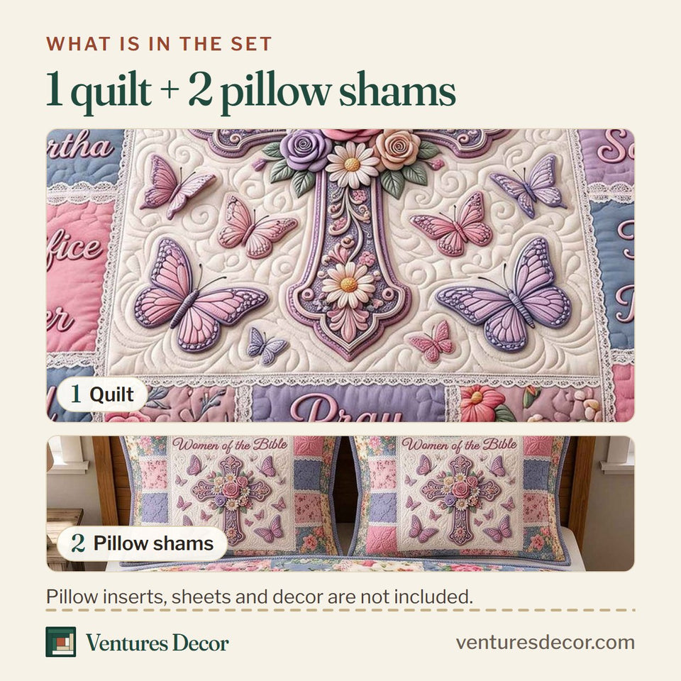 What is in the set: one quilt and two pillow shams, shown in the Women Of The Bible design