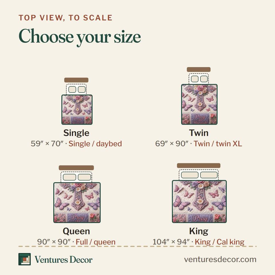 Size guide for the Women Of The Bible quilt, top view to scale: Single 59 x 70 in, Twin 69 x 90 in, Queen 90 x 90 in, King 104 x 94 in