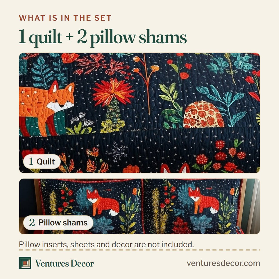 What is in the set: one quilt and two pillow shams, shown in the Wonder Woodland Foxes in the Undergrowth design
