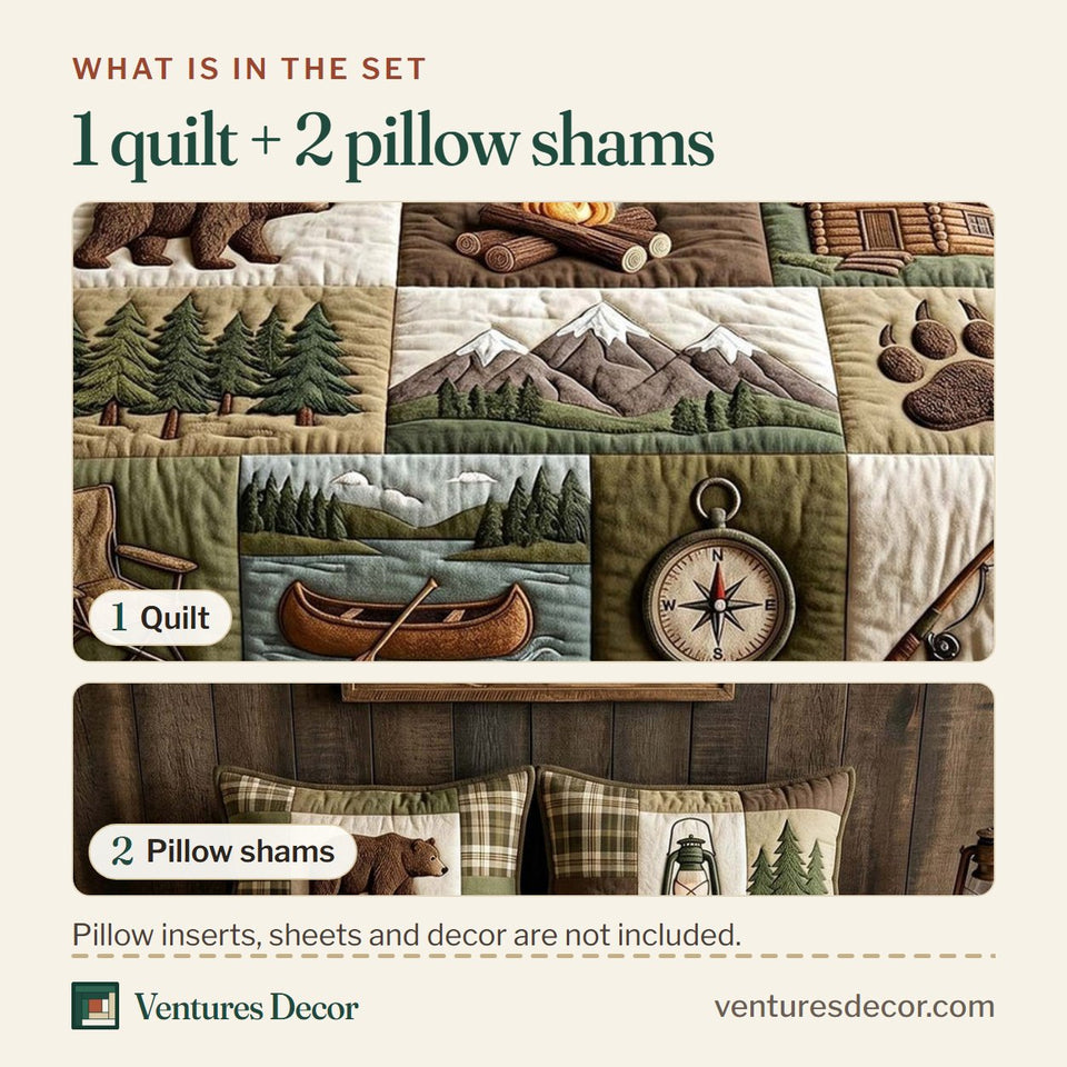 What is in the set: one quilt and two pillow shams, shown in the Woodland Camp Sampler design
