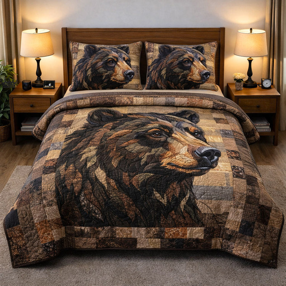 Woodland Guardian Bear Portrait on Wood Blocks quilted bedding set, quilt and two pillow shams on a made bed