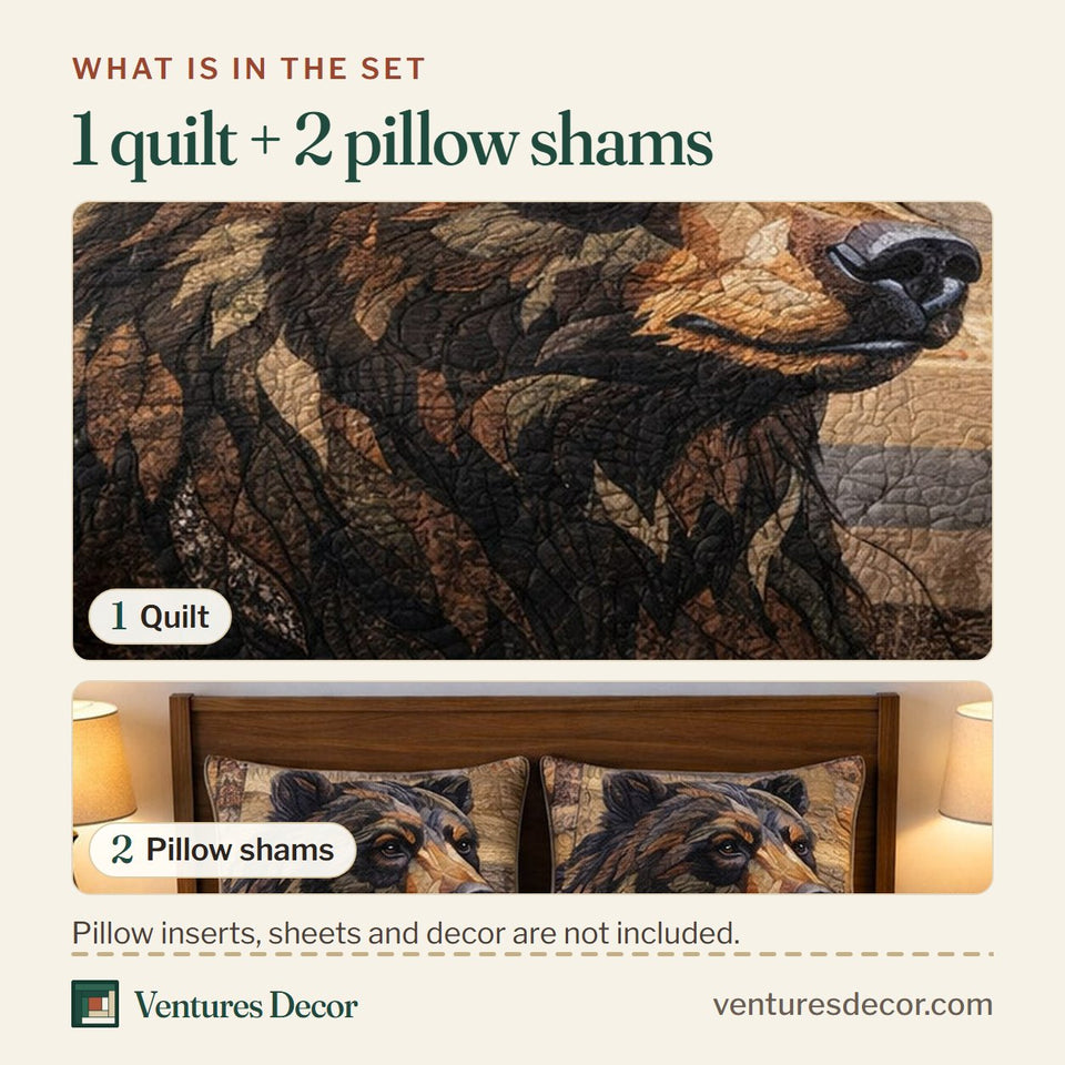 What is in the set: one quilt and two pillow shams, shown in the Woodland Guardian Bear Portrait on Wood Blocks design