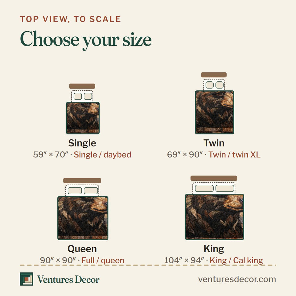 Size guide for the Woodland Guardian Bear Portrait on Wood Blocks quilt, top view to scale: Single 59 x 70 in, Twin 69 x 90 in, Queen 90 x 90 in, King 104 x 94 in