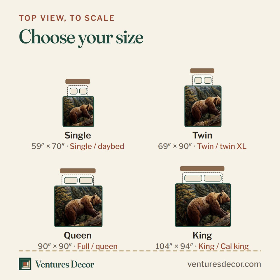 Size guide for the Woodland Haven Bear In The Mountain Pass quilt, top view to scale: Single 59 x 70 in, Twin 69 x 90 in, Queen 90 x 90 in, King 104 x 94 in