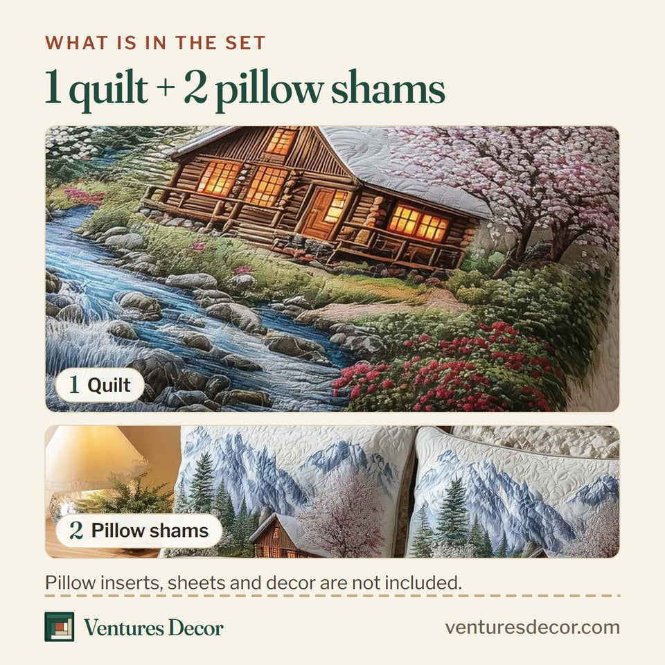 What is in the set: one quilt and two pillow shams, shown in the Woodland Haven Blossoms By The Cabin Stream design