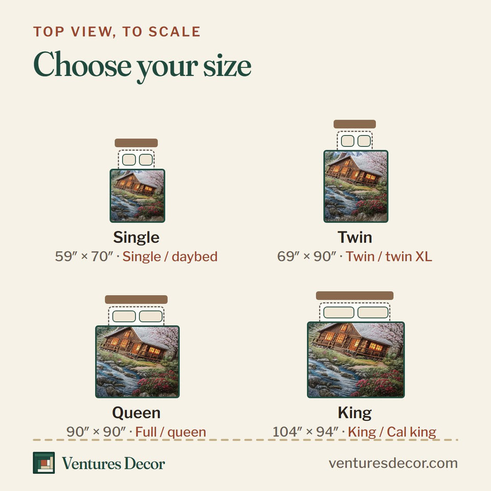 Size guide for the Woodland Haven Blossoms By The Cabin Stream quilt, top view to scale: Single 59 x 70 in, Twin 69 x 90 in, Queen 90 x 90 in, King 104 x 94 in