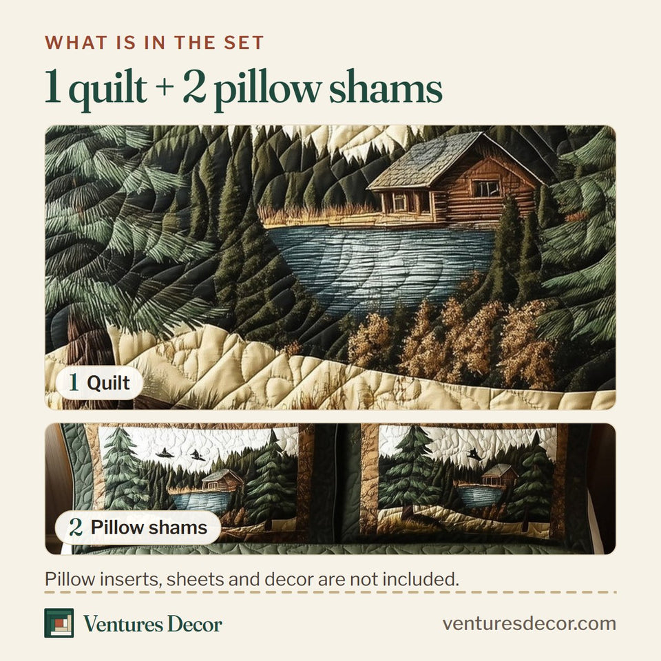 What is in the set: one quilt and two pillow shams, shown in the Woodland Lake Hideaway design