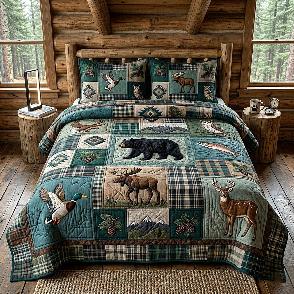 Woodland Patchwork Green Plaid Animal Blocks quilted bedding set, quilt and two pillow shams on a made bed