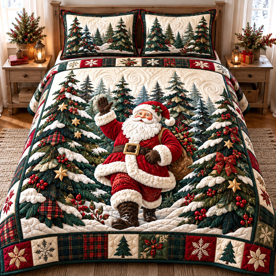 Woodland Santa quilted bedding set, quilt and two pillow shams on a made bed