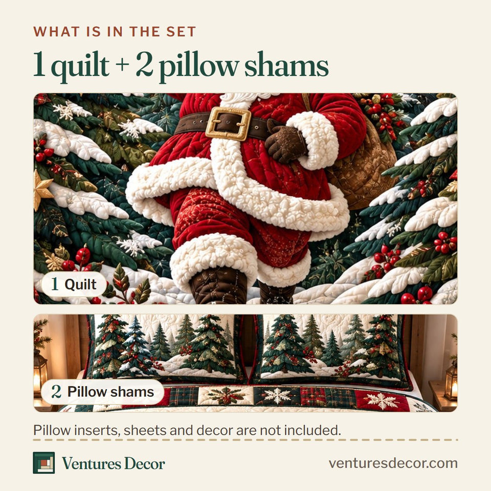 What is in the set: one quilt and two pillow shams, shown in the Christmas Woodland Santa Quilt Set, 3-Piece Quilted Bedding with 2 Pillow Shams design