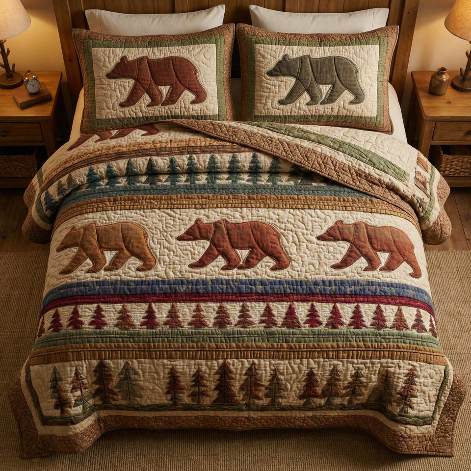 Woodland Stripes quilted bedding set, quilt and two pillow shams on a made bed