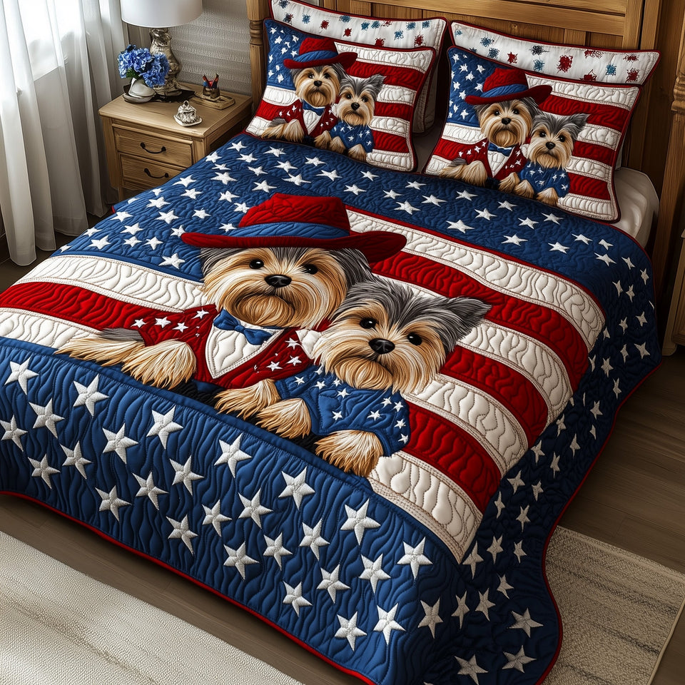 Yorkshire Terrier Pair On Stars And Stripes quilted bedding set, quilt and two pillow shams on a made bed