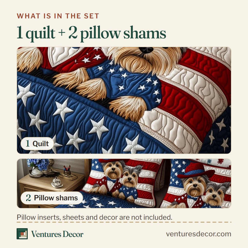 What is in the set: one quilt and two pillow shams, shown in the Yorkshire Terrier Pair On Stars And Stripes design