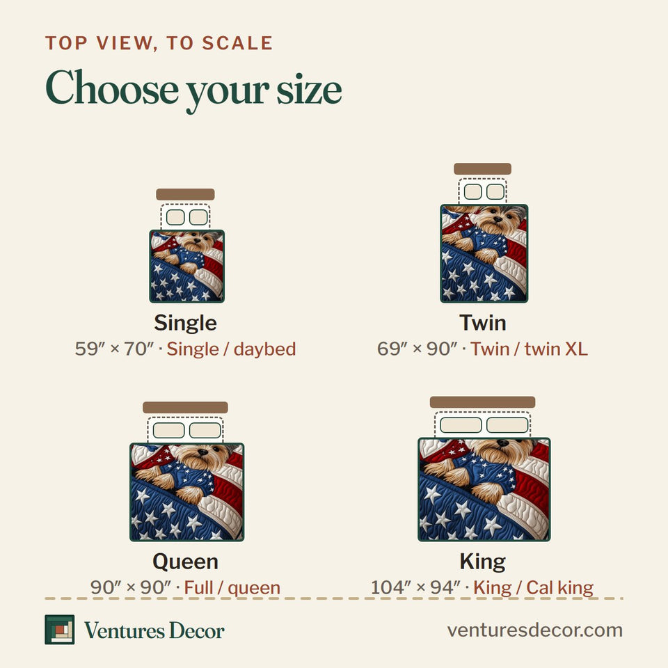 Size guide for the Yorkshire Terrier Pair On Stars And Stripes quilt, top view to scale: Single 59 x 70 in, Twin 69 x 90 in, Queen 90 x 90 in, King 104 x 94 in