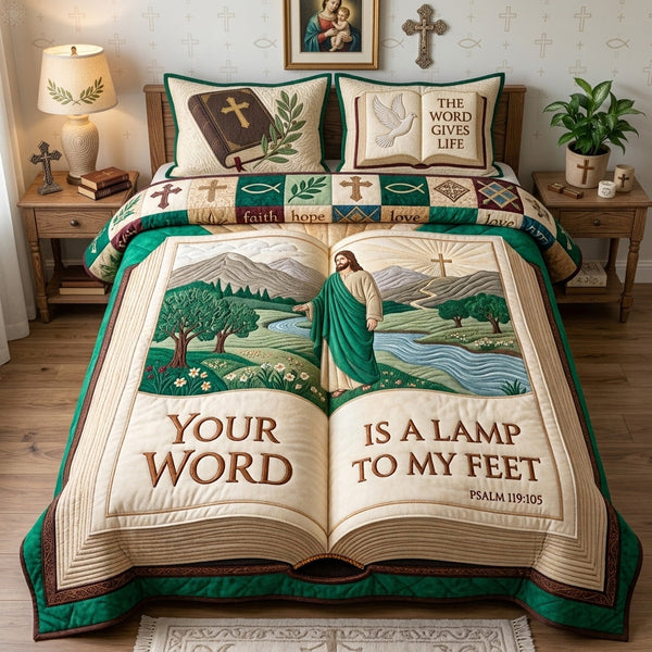 Your Word Is A Lamp quilted bedding set, quilt and two pillow shams on a made bed