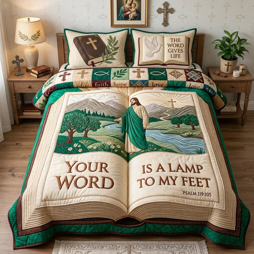 Your Word Is A Lamp quilted bedding set, quilt and two pillow shams on a made bed