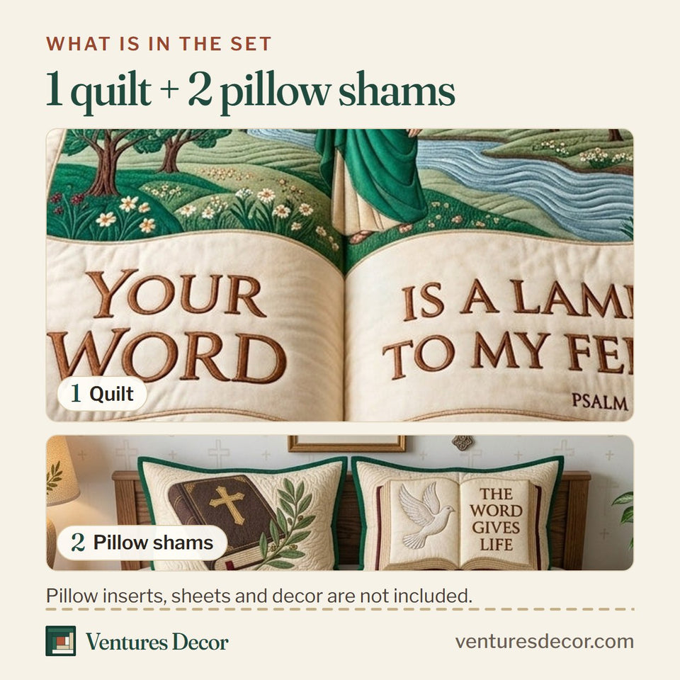 What is in the set: one quilt and two pillow shams, shown in the Your Word Is A Lamp Quilt Set, 3-Piece Quilted Bedding with 2 Pillow Shams design