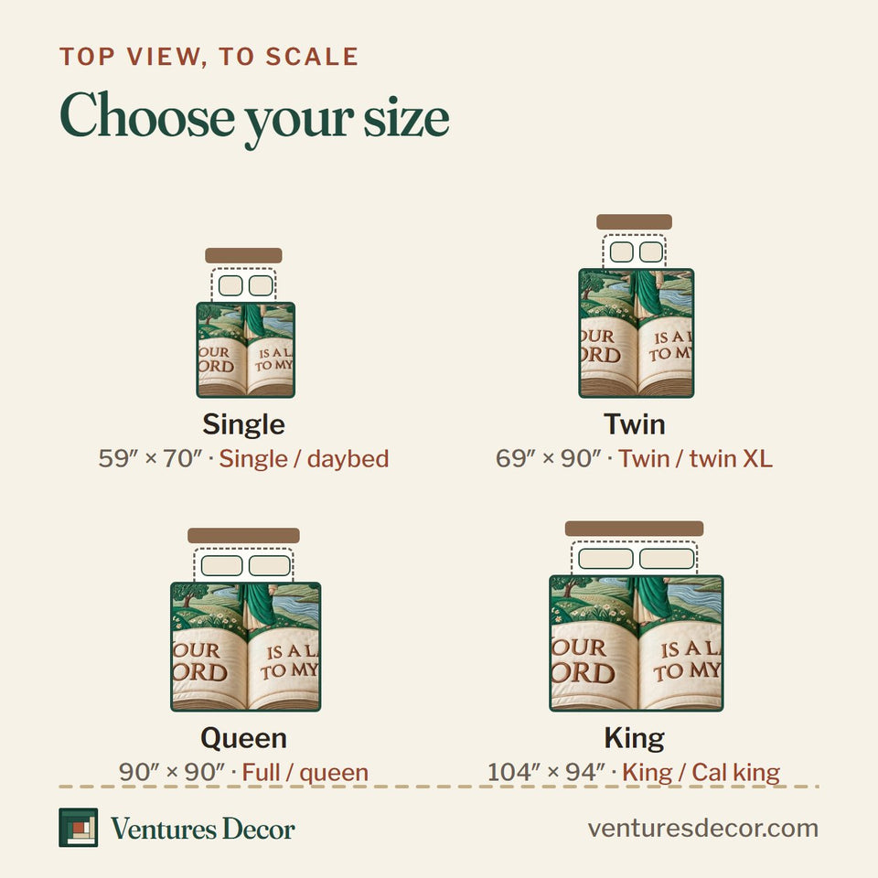 Size guide for the Your Word Is A Lamp Quilt Set, 3-Piece Quilted Bedding with 2 Pillow Shams quilt, top view to scale: Single 59 x 70 in, Twin 69 x 90 in, Queen 90 x 90 in, King 104 x 94 in
