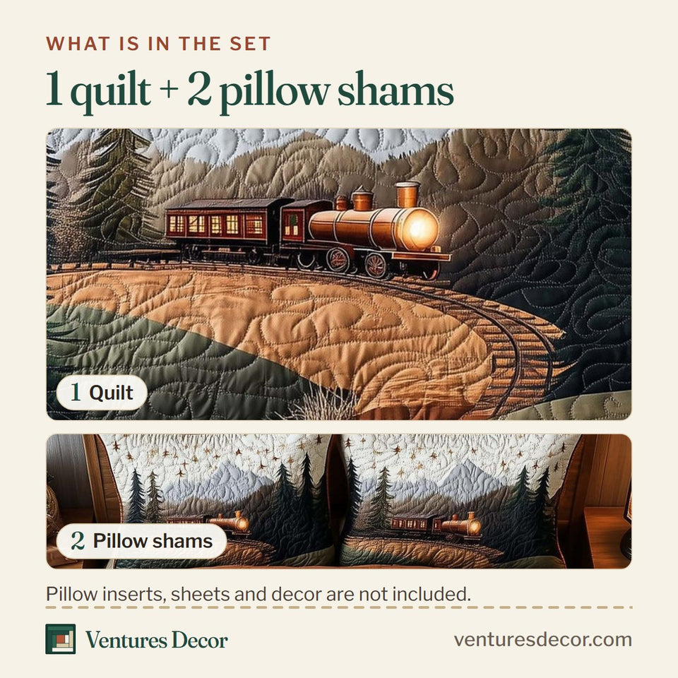 What is in the set: one quilt and two pillow shams, shown in the Yuletide Express Curving Track At Sunset design